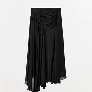 Zara Draped Georgette Black Asymmetrical Ruched Midi Skirt